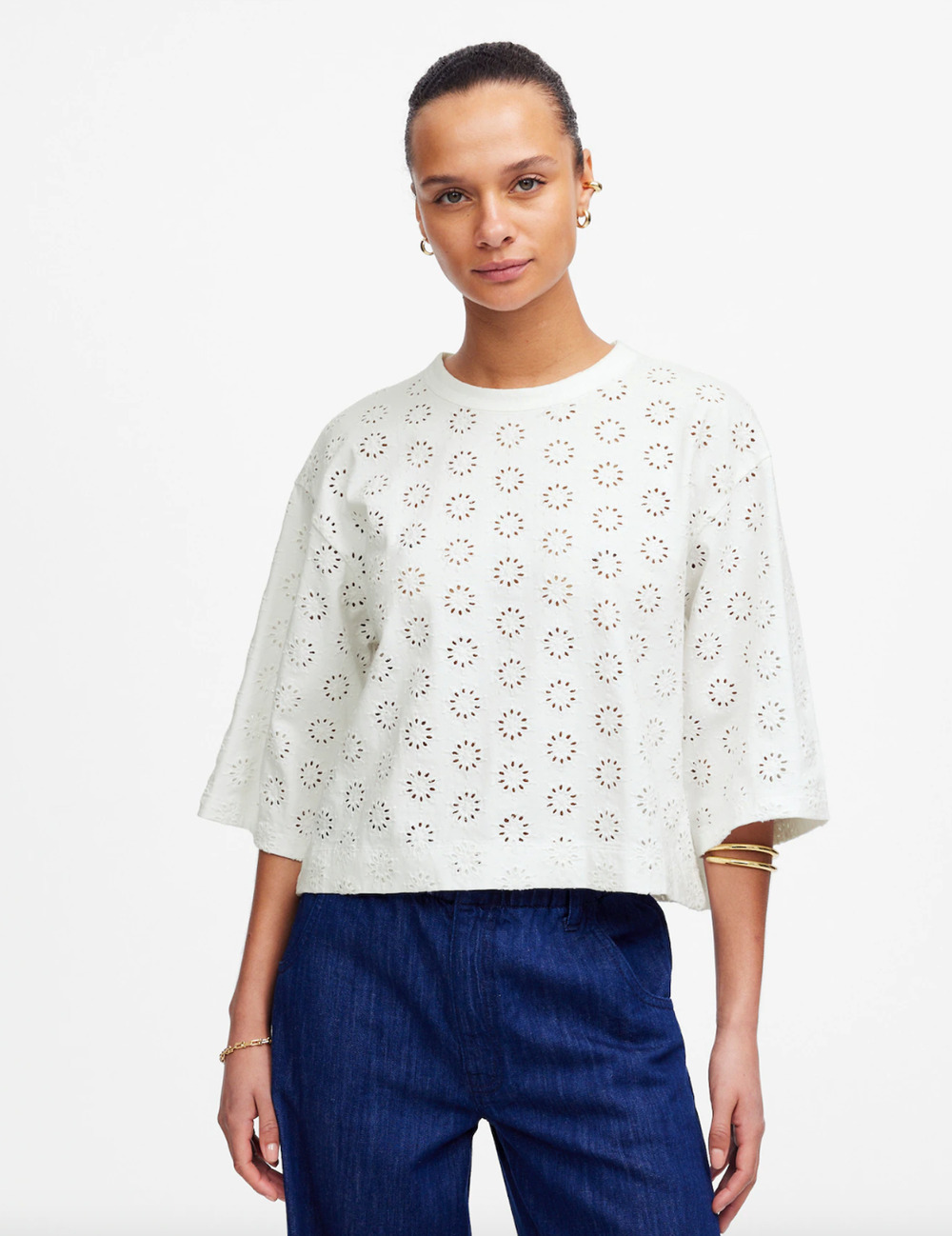 Madewell Embroidered Wide Sleeve Boxy Tee Shirt Relaxed White Cotton XXS NWT